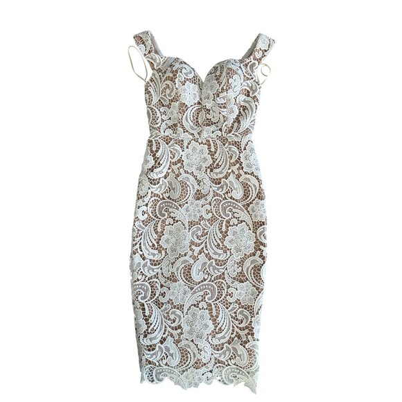 SISTARESS White Lace Nude Lined MIDI Weddjng Cocktail Dress Size Small - Picture 3 of 9